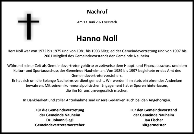  Traueranzeige für Hanno Noll vom 26.06.2021 aus vrm-trauer