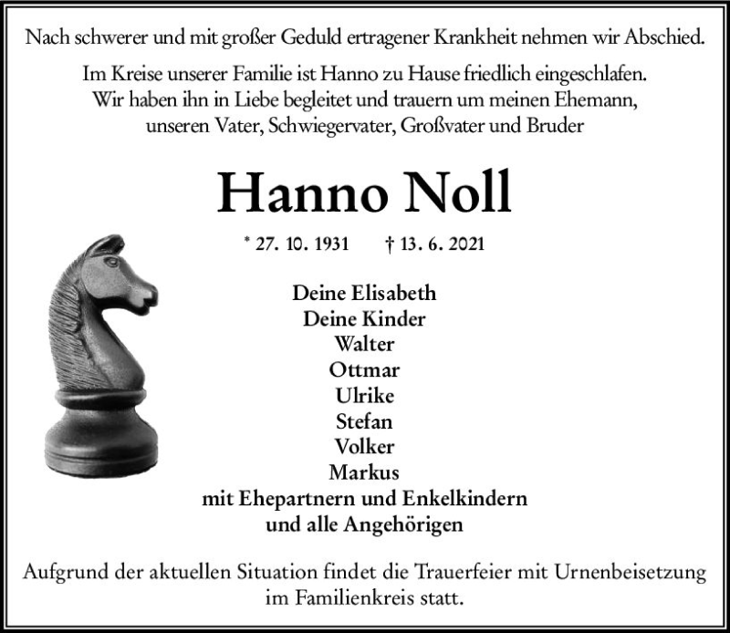  Traueranzeige für Hanno Noll vom 26.06.2021 aus vrm-trauer