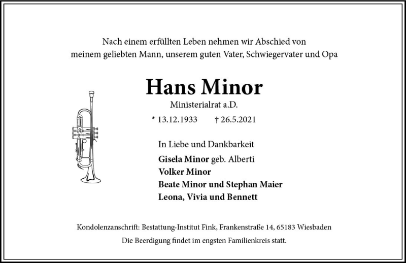  Traueranzeige für Hans Minor vom 05.06.2021 aus vrm-trauer