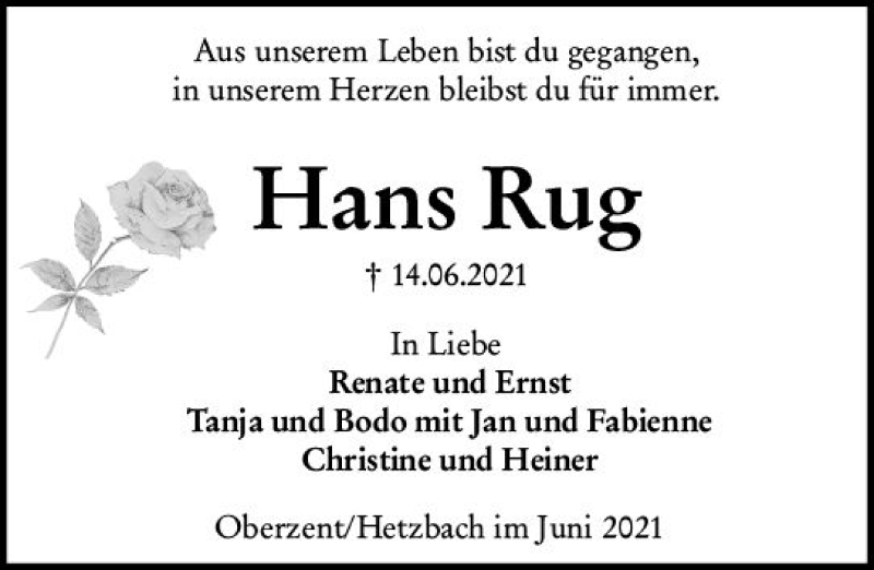  Traueranzeige für Hans Rug vom 26.06.2021 aus vrm-trauer