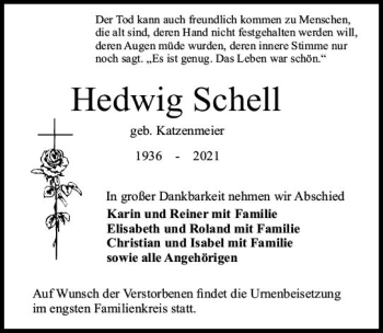 Traueranzeige von Hedwig Schell von vrm-trauer