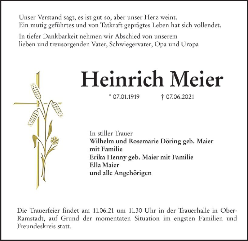  Traueranzeige für Heinrich Meier vom 09.06.2021 aus vrm-trauer