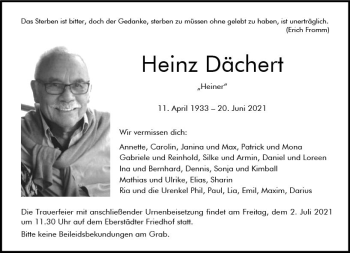 Traueranzeige von Heinz Dächert von vrm-trauer