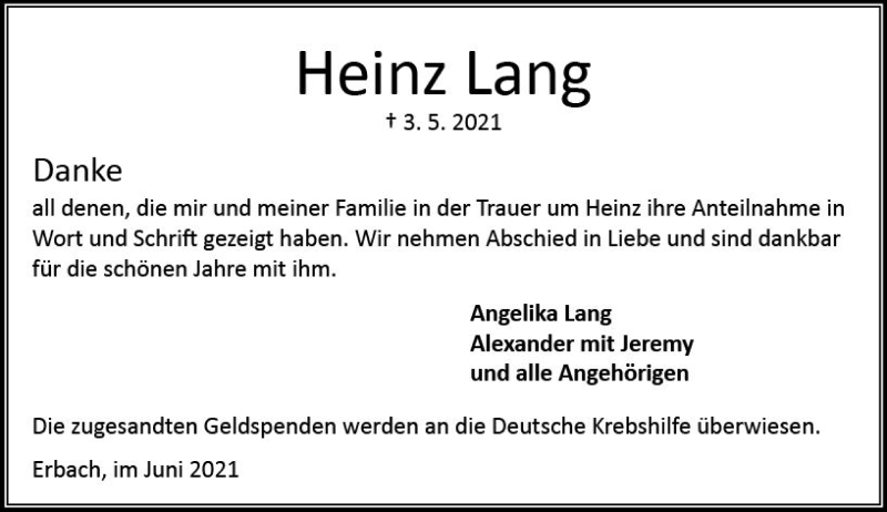 Traueranzeige für Heinz Lang vom 05.06.2021 aus vrm-trauer