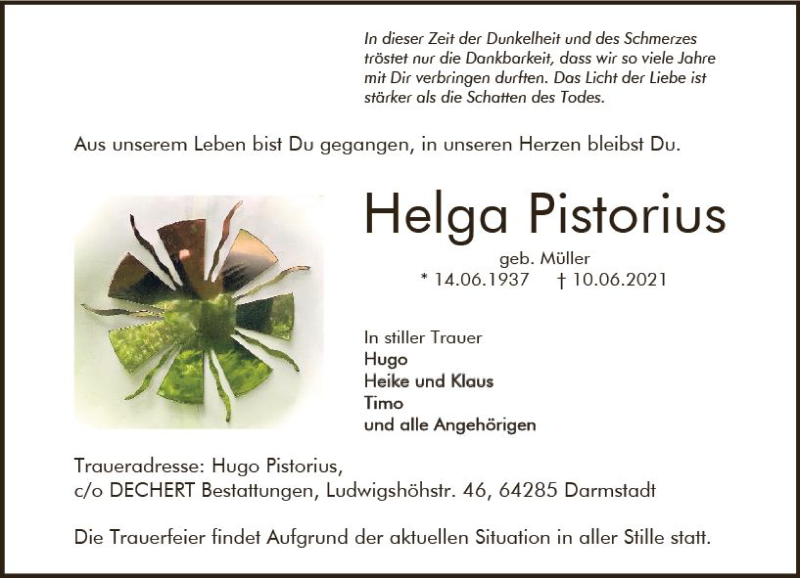  Traueranzeige für Helga Pistorius vom 19.06.2021 aus vrm-trauer