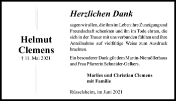 Traueranzeige von Helmut Clemens von vrm-trauer