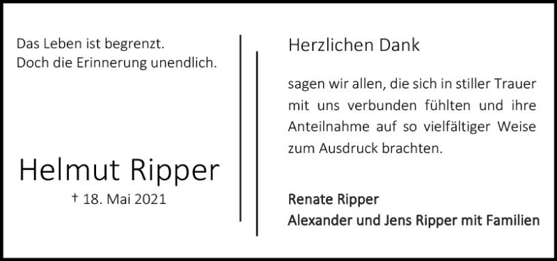  Traueranzeige für Helmut Ripper vom 12.06.2021 aus vrm-trauer