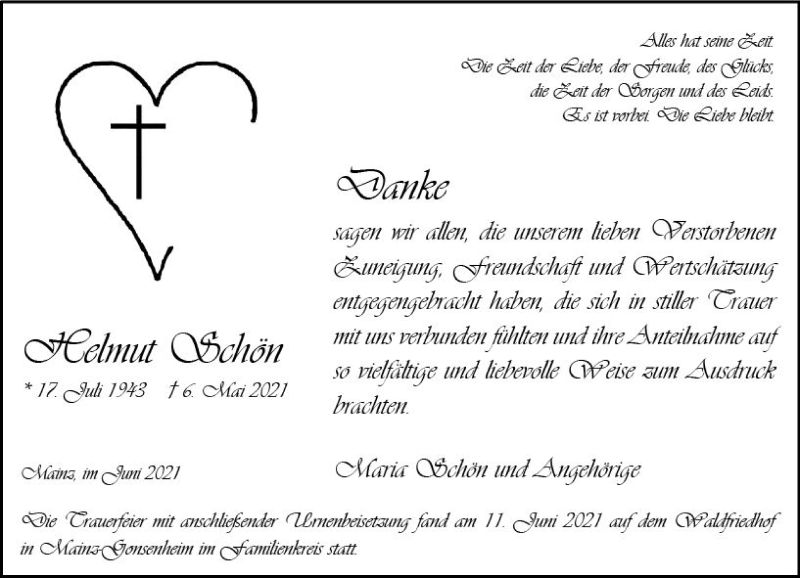  Traueranzeige für Helmut Schön vom 19.06.2021 aus vrm-trauer