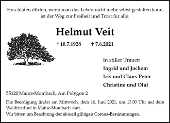 Traueranzeige von Helmut Veit von vrm-trauer
