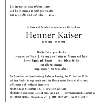 Traueranzeige von Henner Kaiser von vrm-trauer