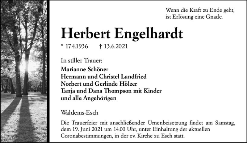  Traueranzeige für Herbert Engelhardt vom 16.06.2021 aus vrm-trauer