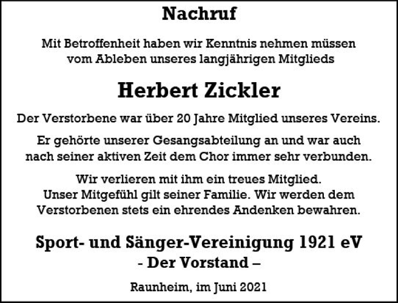  Traueranzeige für Herbert Zickler vom 30.06.2021 aus vrm-trauer