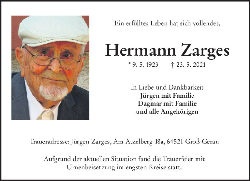  Traueranzeige für Hermann Zarges vom 19.06.2021 aus vrm-trauer