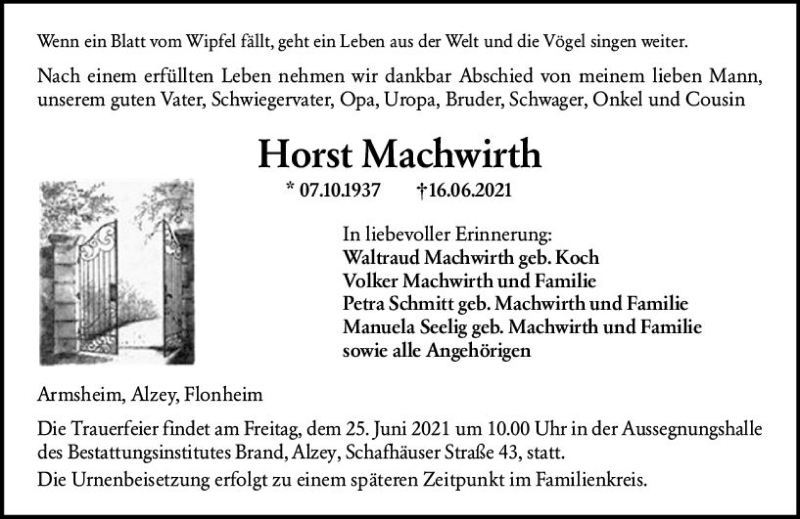  Traueranzeige für Horst Machwirth vom 19.06.2021 aus vrm-trauer