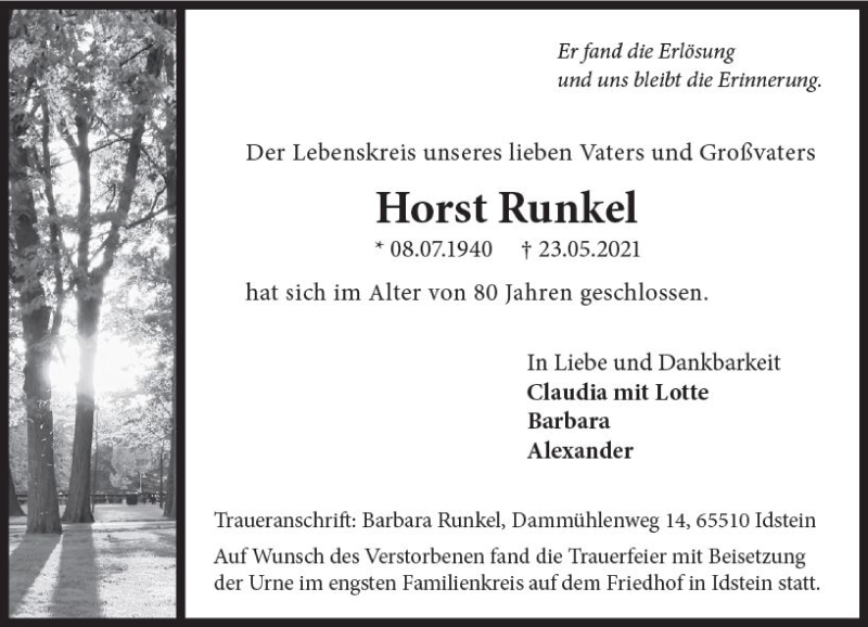  Traueranzeige für Horst Runkel vom 05.06.2021 aus vrm-trauer
