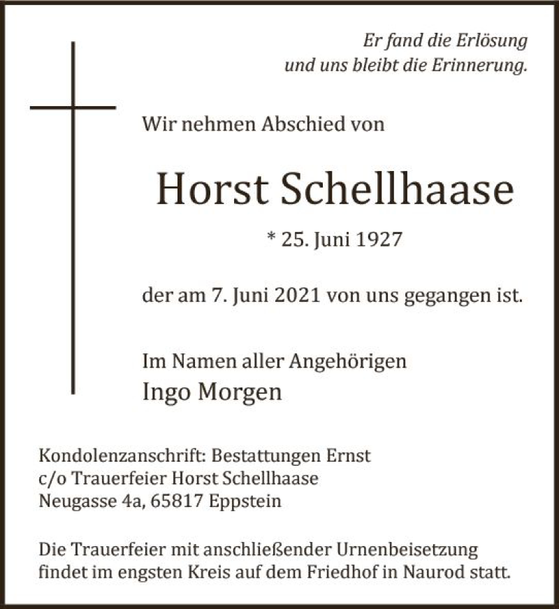  Traueranzeige für Horst Schellhaase vom 12.06.2021 aus vrm-trauer