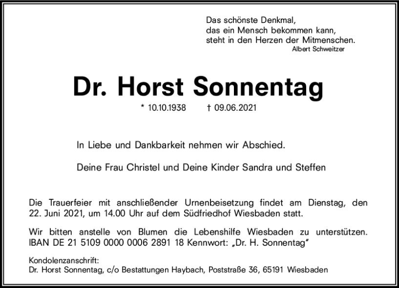  Traueranzeige für Horst Sonnentag vom 12.06.2021 aus vrm-trauer