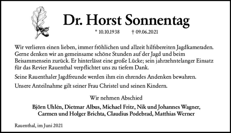  Traueranzeige für Horst Sonnentag vom 12.06.2021 aus vrm-trauer