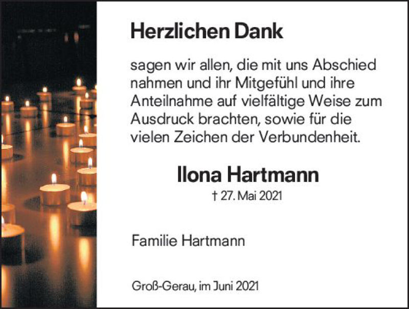  Traueranzeige für Ilona Hartmann vom 26.06.2021 aus vrm-trauer