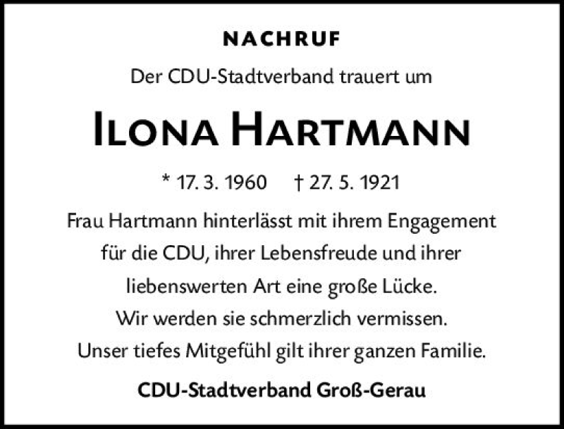  Traueranzeige für Ilona Hartmann vom 09.06.2021 aus vrm-trauer