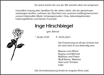 Traueranzeige von Inge Hirschbiegel von vrm-trauer