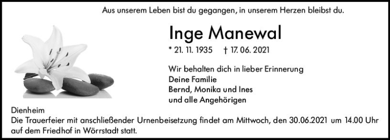  Traueranzeige für Inge Manewal vom 26.06.2021 aus vrm-trauer