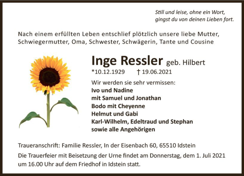  Traueranzeige für Inge Ressler vom 26.06.2021 aus vrm-trauer