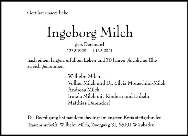  Traueranzeige für Ingeborg Milch vom 05.06.2021 aus vrm-trauer