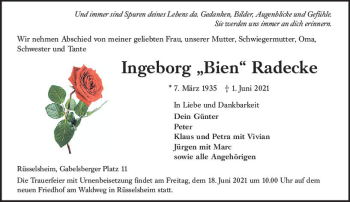 Traueranzeige von Ingeborg Radecke von vrm-trauer