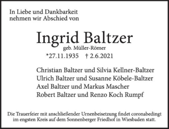 Traueranzeige von Ingrid Baltzer von vrm-trauer
