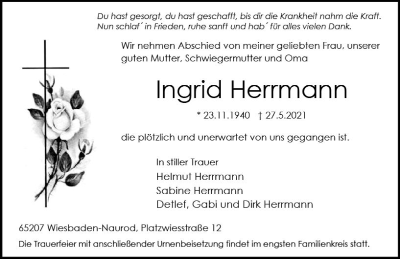  Traueranzeige für Ingrid Herrmann vom 05.06.2021 aus vrm-trauer