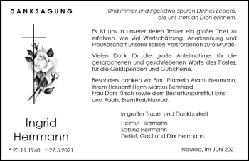 Traueranzeige von Ingrid Herrmann von vrm-trauer