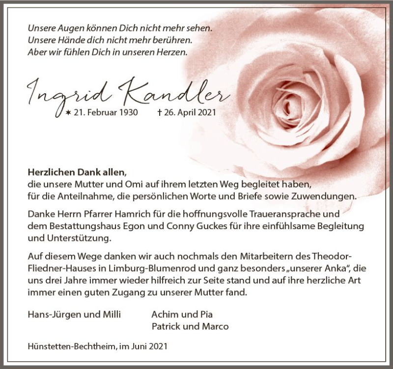  Traueranzeige für Ingrid Kandler vom 05.06.2021 aus vrm-trauer