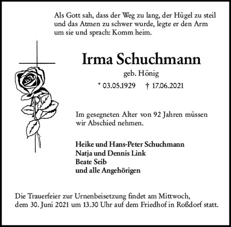  Traueranzeige für Irma Schuchmann vom 26.06.2021 aus vrm-trauer