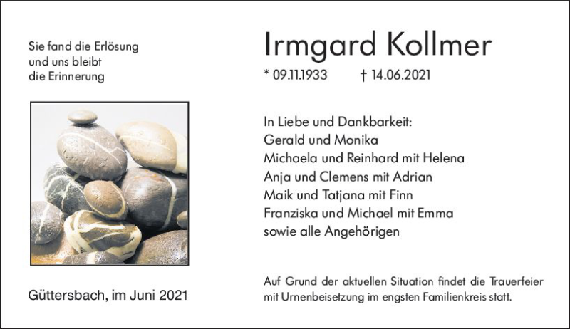  Traueranzeige für Irmgard Kollmer vom 19.06.2021 aus vrm-trauer
