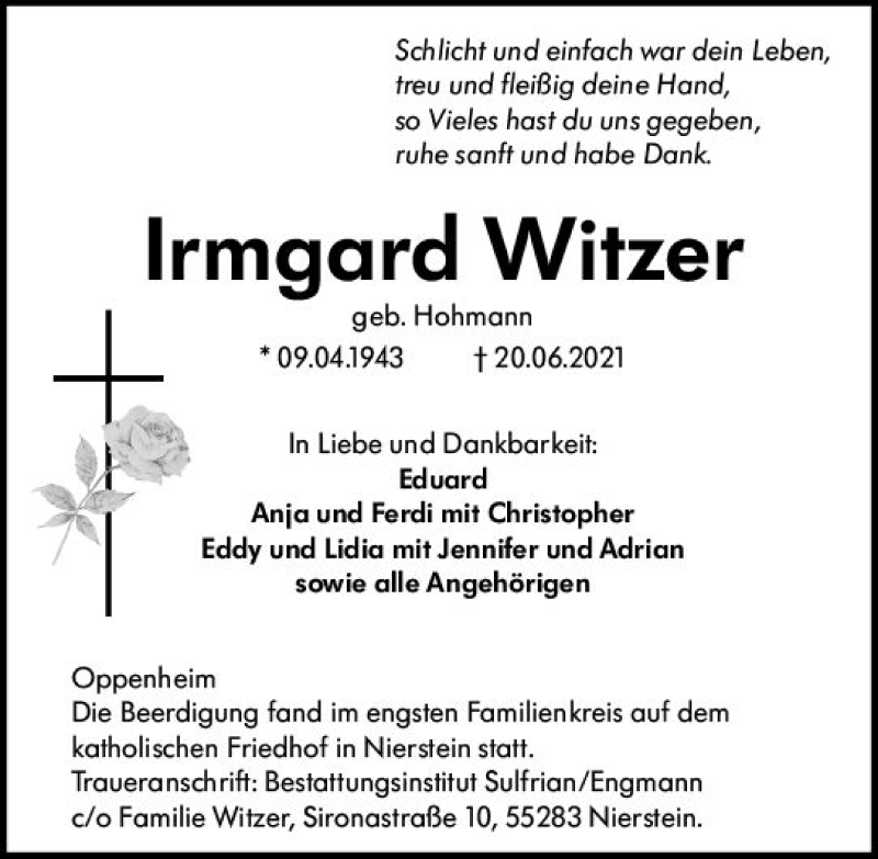  Traueranzeige für Irmgard Witzer vom 26.06.2021 aus vrm-trauer