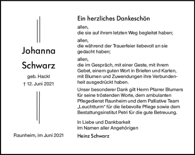  Traueranzeige für Johanna Schwarz vom 26.06.2021 aus vrm-trauer