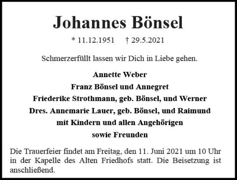  Traueranzeige für Johannes Bönsel vom 05.06.2021 aus vrm-trauer