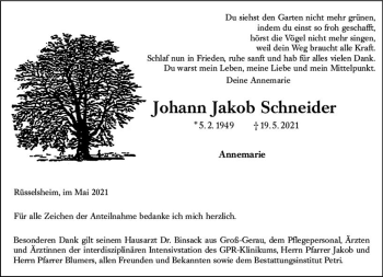 Traueranzeige von Johann Jakob Schneider von vrm-trauer