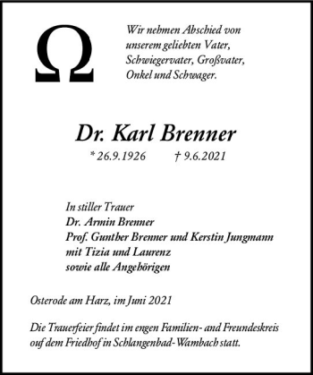 Traueranzeige von Karl Brenner von vrm-trauer
