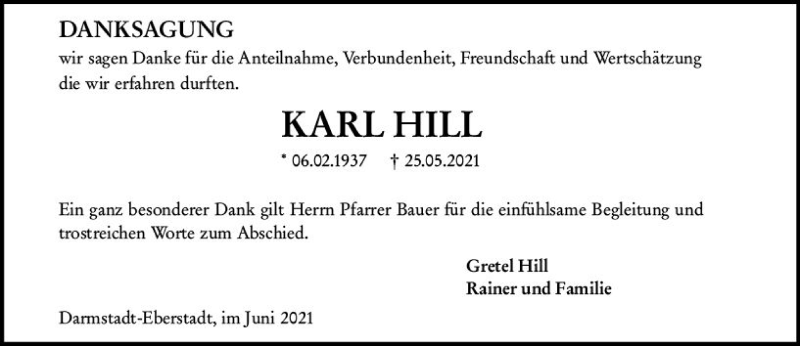  Traueranzeige für Karl Hill vom 12.06.2021 aus vrm-trauer