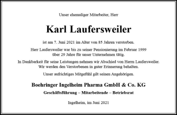 Traueranzeige von Karl Laufersweiler von vrm-trauer