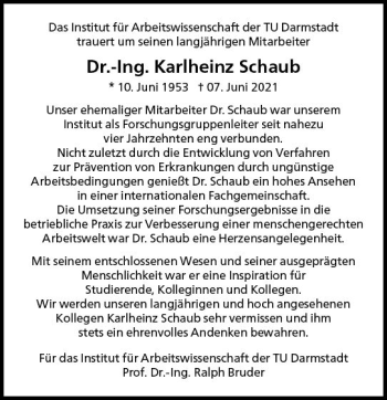 Traueranzeige von Karlheinz Schaub von vrm-trauer