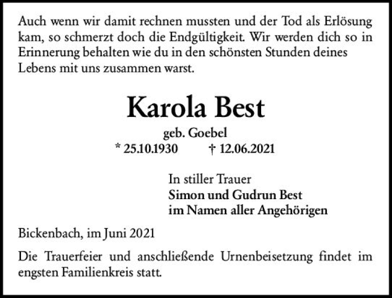  Traueranzeige für Karola Best vom 19.06.2021 aus vrm-trauer