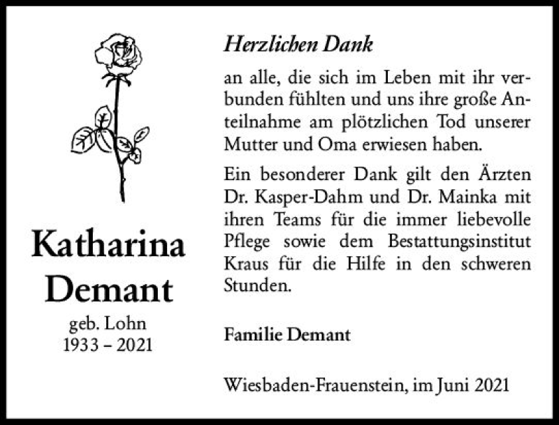  Traueranzeige für Katharina Demant vom 12.06.2021 aus vrm-trauer