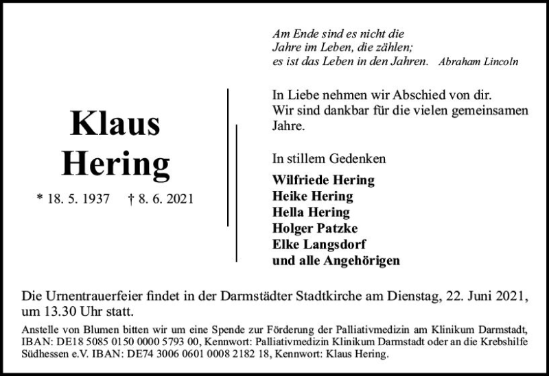 Traueranzeige für Klaus Hering vom 12.06.2021 aus vrm-trauer