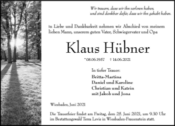 Traueranzeige von Klaus Hübner von vrm-trauer