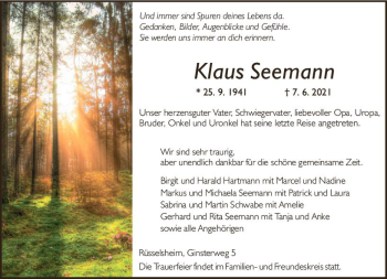 Traueranzeige von Klaus Seemann von vrm-trauer