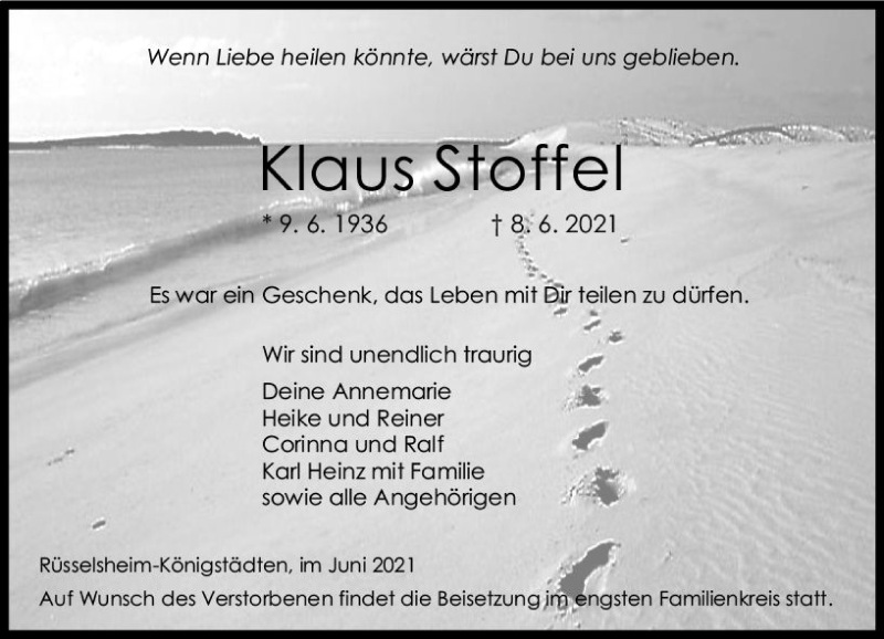 Traueranzeige für Klaus Stoffel vom 19.06.2021 aus vrm-trauer