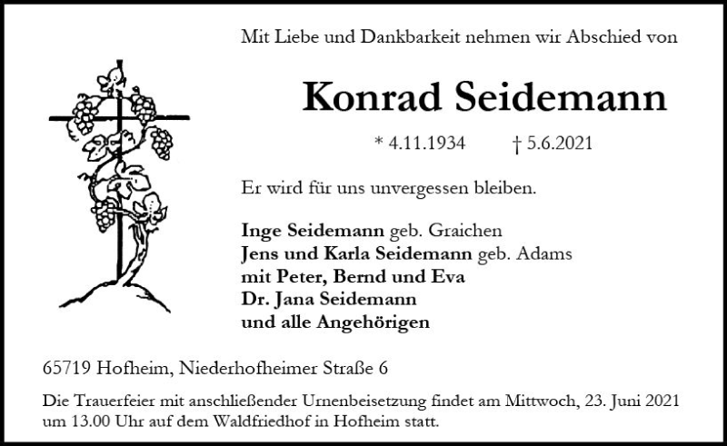  Traueranzeige für Konrad Seidemann vom 15.06.2021 aus vrm-trauer